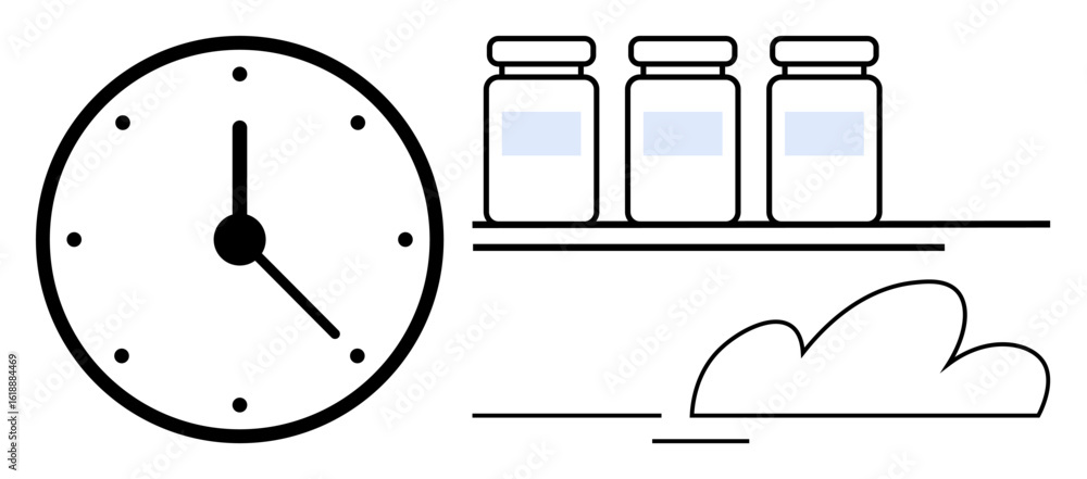 Poster wall clock with bold hands alongside neatly aligned jars on a shelf and linear cloud accent. ideal f