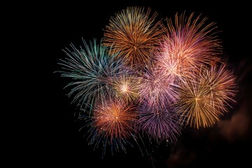 Fireworks explode in colorful bursts against a night sky backdrop