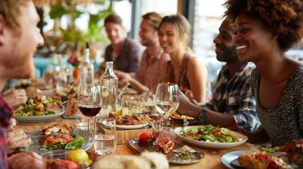 leisure, food and people concept - group of happy international friends eating at restaurant table, no logos, no brands