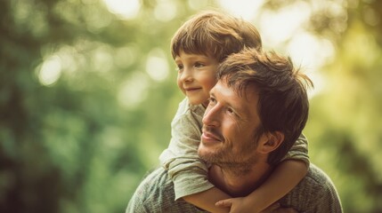 Father giving son ride on back in park. Portrait of happy father giving son piggyback ride on his shoulders and looking up. Cute boy with dad playing outdoor., no logos, no brands