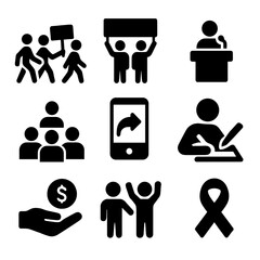 Advocacy Icons Grid. Solid, filled icon set of advocacy actions: march, banner, public speaking, community meeting, social media
