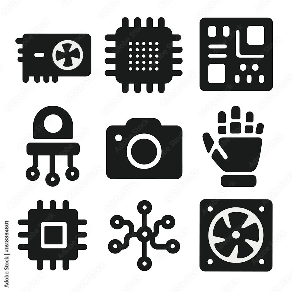 Poster ai hardware icons. solid, filled icon set of ai hardware: gpu, cpu, motherboard, sensor, camera, rob