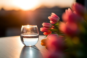 A Romantic Sunset Scene with Tulips and a Glass of Water