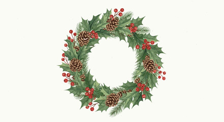 Festive Winter Holiday Wreath Decoration with Pinecones and Holly Berries