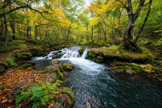 Forest stream with waterfall autumn leaves green moss on rocks and colorful foliage