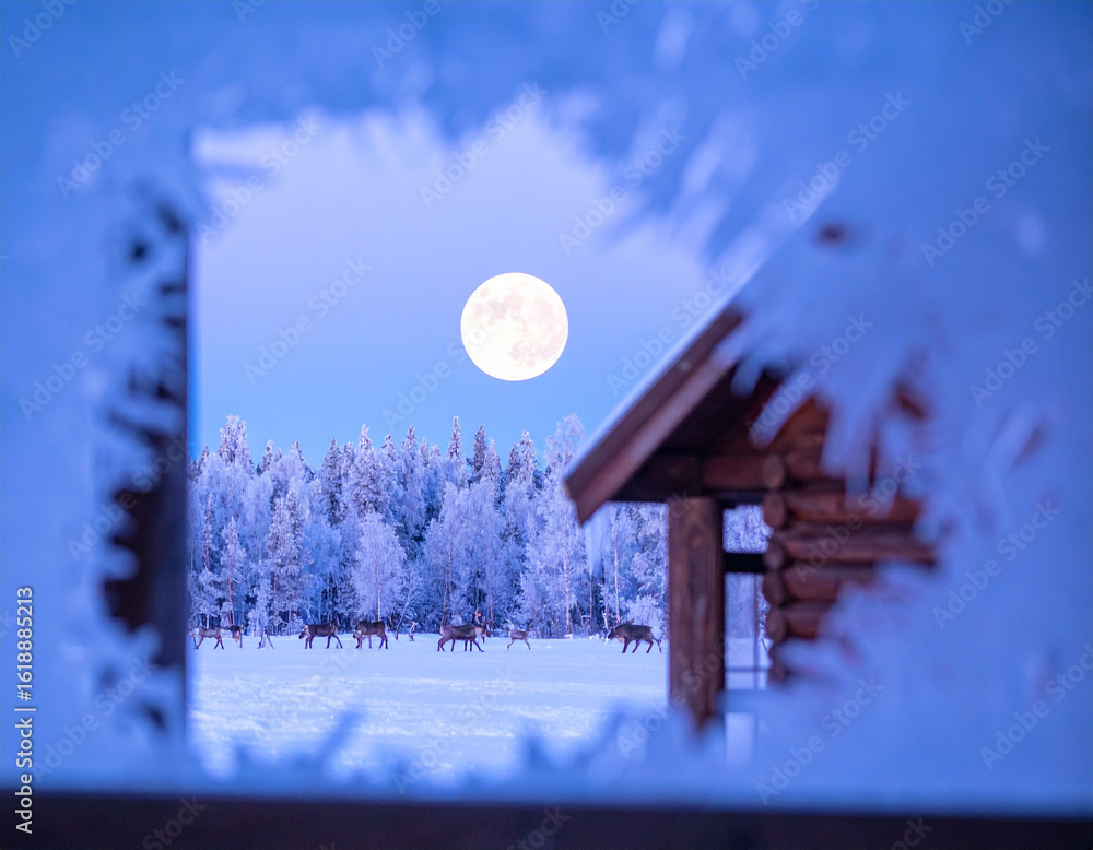 Poster a magical winter scene of a herd of reindeer in a snow-covered field under a full moon, viewed throu