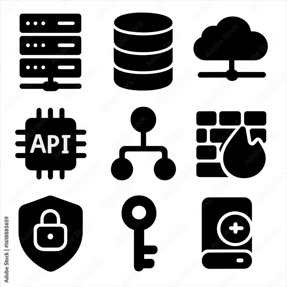 Poster back-end infrastructure icons. solid, filled icon set of back-end infrastructure: server rack, datab