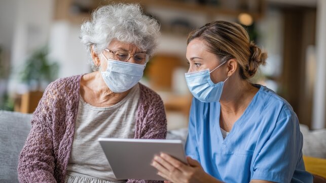 Nurse and senior woman going through medical record on digital tablet during home visit and wearing face mask. Doctor wearing protective face mask during covid pandemic and showing medical reports., - Powered by Adobe