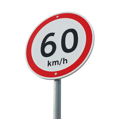 Circular red and white speed limit sign (60 km.h) on a vertical pole, captured in high detail against a neutral white background. Represents traffic rules and driving regulations.