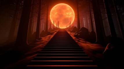 Eerie Forest Path Leading to an Ominous Blood Red Moon