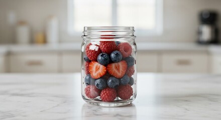A glass jar filled with fresh raspberries, blueberries, and sliced strawberries on a marble countertop. A bright, modern kitchen is blurred in the background. Healthy eating concept.