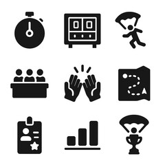 Base Jumping Icons. Solid, filled icon set of base jumping competitions: countdown clock, scoreboard, jump sequence, judge panel,