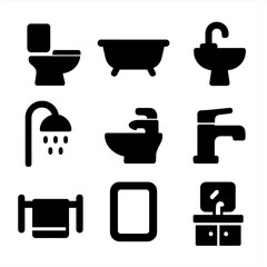 Bathroom Fixtures Icons. Solid, filled icon set of bathroom fixtures: toilet, bathtub, sink, showerhead, bidet, faucet, towel rack