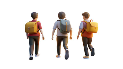 Three cartoon students walking with backpacks isolated on a transparent background children school