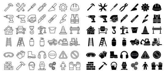 Construction Tools and Safety Icons with Black and White Designs