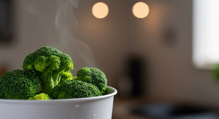 Closeup of freshly steamed green broccoli in a white bowl. Hot steam rises against a warm, blurred kitchen background with bokeh. Healthy cooking and vegan food concept.
