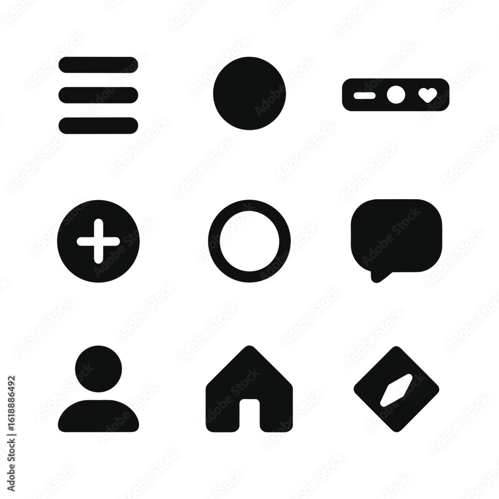 Poster black mobile ui icons. solid, filled icon set of mobile ui elements: hamburger menu, notification do