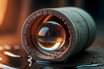 Intriguing Glass Sphere Nestled Within a Rustic Wooden Barrel