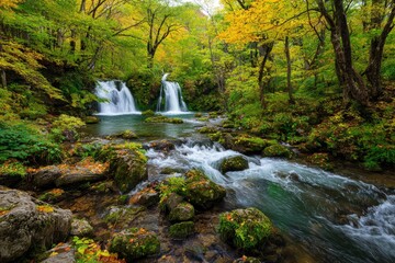 Lush forest scene waterfall cascades into a stream amid mossy rocks and autumn foliage