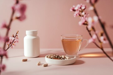 A Tranquil Scene of Wellness Supplements and Herbal Tea