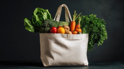White Eco Shopping Tote Bag Filled with Fresh Vegetables on Dark Background