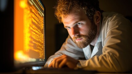 A focused man in a lab coat examines computer code on a glowing screen, reflecting a deep engagement with technology and problem-solving.
