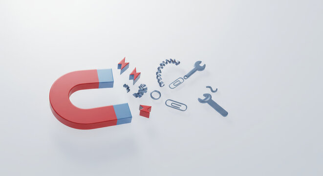 A red horseshoe magnet attracts blue metal objects (tools, chain, paperclip) on a bright, white surface with soft, diffused lighting, creating a clean, minimalist, illustrative scene.
