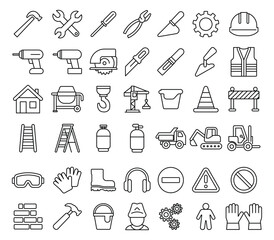 Construction Tools and Equipment Icons in Modern Outline Style