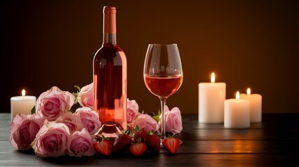 Romantic Dinner Setting with Rose Wine, Candles, and Roses