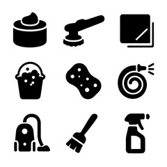 Car Detailing Icons. Solid, filled icon set of car detailing: wax, polishing machine, microfiber cloth, bucket, sponge, water hose