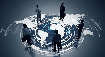 Silhouetted business people standing on a world map with digital interface and global connections
