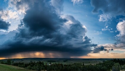 dramatic and ominous dark storm clouds gather in the evening sky
