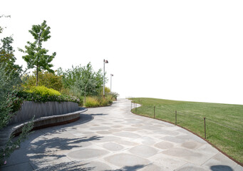 Foreground of a park with a walking path and flowerbed, isolated on transparent background