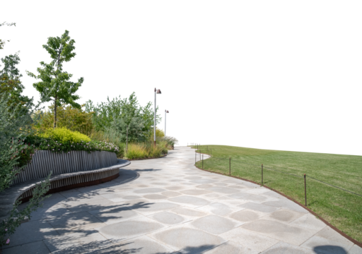Foreground of a park with a walking path and flowerbed, isolated on transparent background