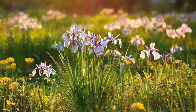 iris foetidissima o lirio hediondo creciendo entre las flores silvestres
