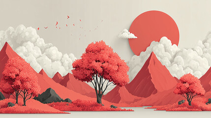 A minimalistic vector autumn landscape combining elegant flat design with warm seasonal tones such as ochre, rust and burnt sienna. The trees and bushes seem to float smoothly in the air, emphasizing 