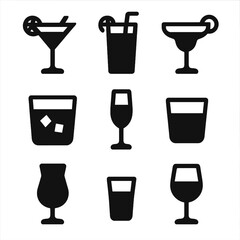 Cocktail Glass Icons. Solid, filled icon set of cocktail types: martini glass, highball glass, margarita glass, rocks glass, flute