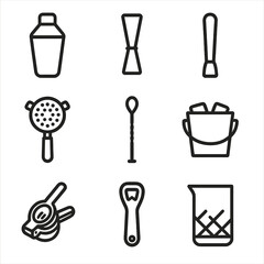Cocktail Tools Icons. Solid, filled icon set of cocktail making tools: shaker, jigger, muddler, strainer, bar spoon, ice bucket,