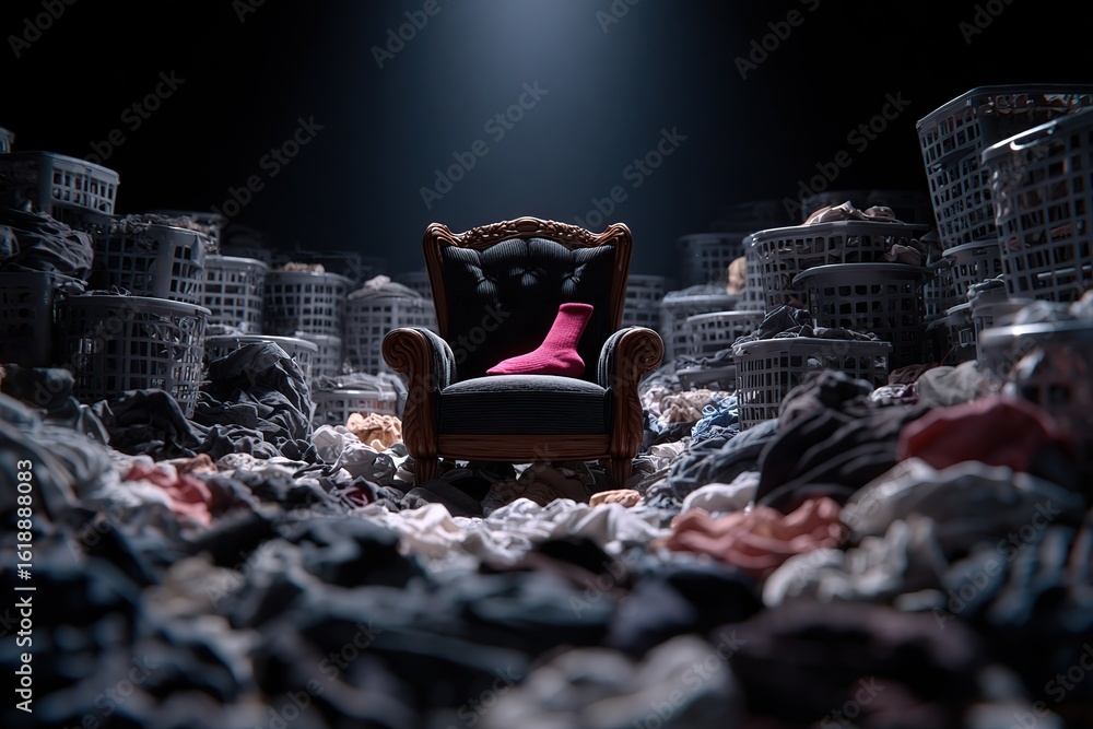 Poster unique artistic representation of chaos with a single pink sock in a cluttered environment