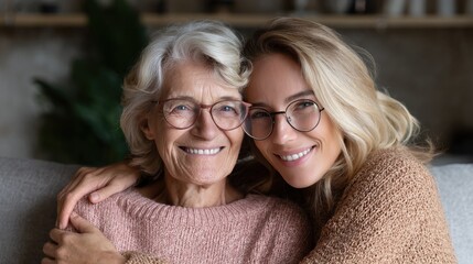 Portrait of old grandma and adult granddaughter hugging with love on sofa while looking at camera. Happy young woman with eyeglasses hugging from behind older grandma with spectacles generation famil