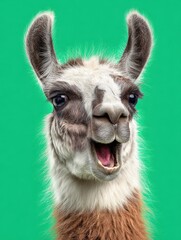 Fototapeta premium Portrait of a laughing llama against a green background. Summer vacation, travel advertising concept.