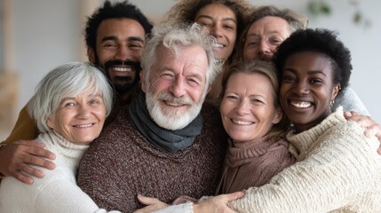 Group of multigenerational people hugging each others - Support, multiracial and diversity concept - Main focus on senior man with white hairs, no logos, no brands