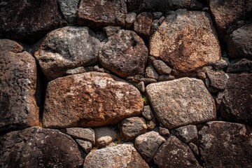 Roughhewn stones various sizes and colors form a textured wall with small gaps
