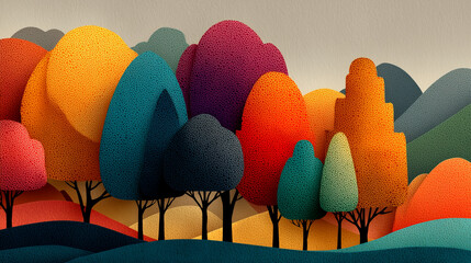 A minimalistic vector autumn landscape combining elegant flat design with warm seasonal tones such as ochre, rust and burnt sienna. The trees and bushes seem to float smoothly in the air, emphasizing 
