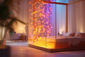 Tech cocoon emits vibrant amber and violet hues in a tranquil room setup