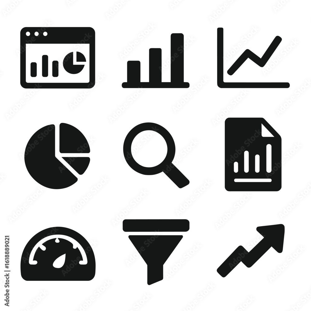 Poster data analysis icons. solid, filled icon set of data analysis tools: analytics dashboard, bar chart, 