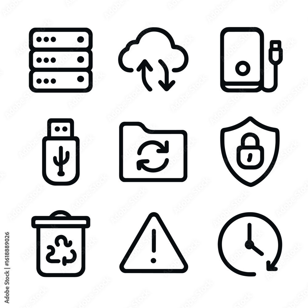 Aufkleber data backup icons. solid, filled icon set of data backup infrastructure: server rack, cloud storage,