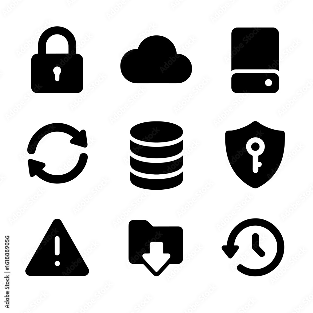 Poster data protection icons. solid, filled icon set of data protection and backup: padlock, data cloud, ex