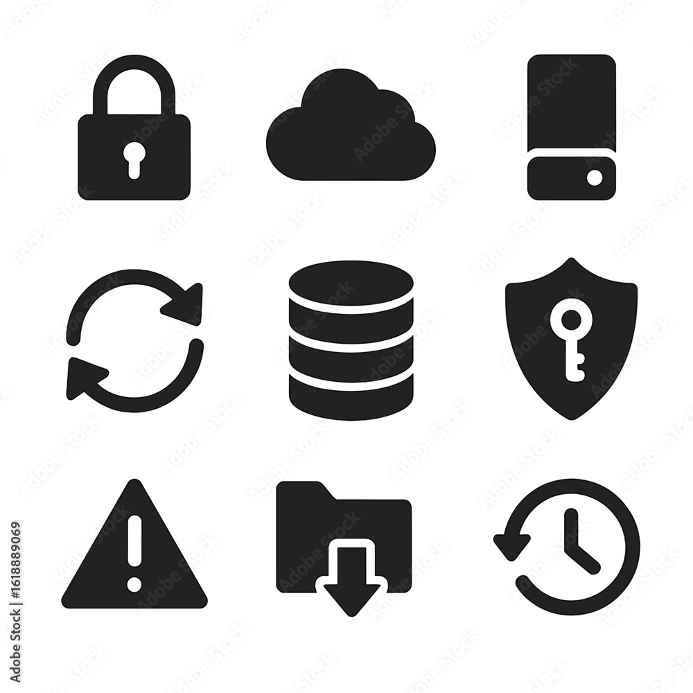 Poster data protection icons. solid, filled icon set of data protection and backup: padlock, data cloud, ex