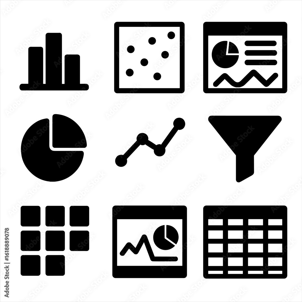 Poster data visualization icons. solid, filled icon set of data visualization tools: histogram, scatter plo